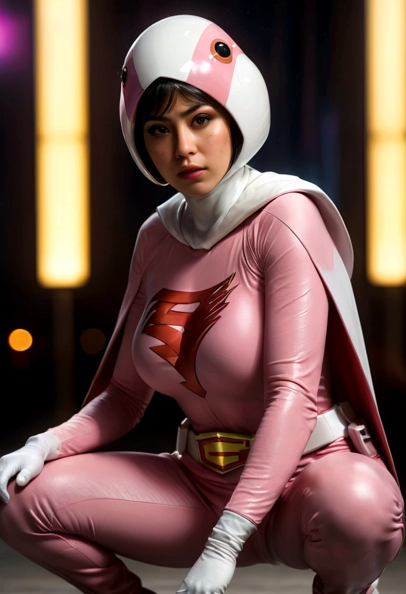 A girl in pink Gatchaman costume, long boots, long gloves, squatting, detailed face, H3JTS, giga_busty, best quality, 4k, 8k, highres, masterpiece:1.2, ultra-detailed, realistic, photorealistic, photo-realistic:1.37, HDR, UHD, studio lighting, ultra-fine painting, sharp focus, physically-based rendering, extreme detail description, professional, vivid colors, bokeh, concept art