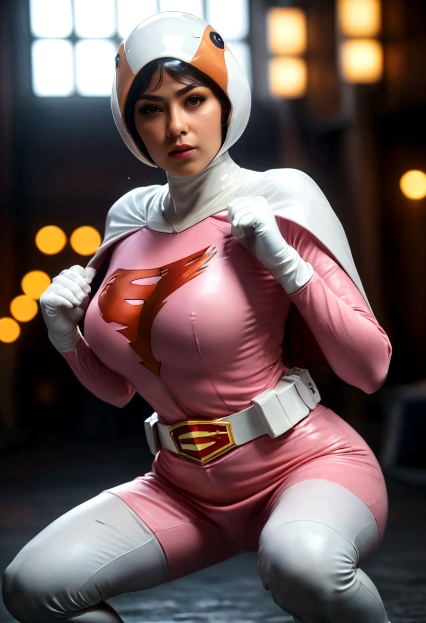 A girl in pink Gatchaman costume, long boots, long gloves, squatting, detailed face, H3JTS, giga_busty, best quality, 4k, 8k, highres, masterpiece:1.2, ultra-detailed, realistic, photorealistic, photo-realistic:1.37, HDR, UHD, studio lighting, ultra-fine painting, sharp focus, physically-based rendering, extreme detail description, professional, vivid colors, bokeh, concept art