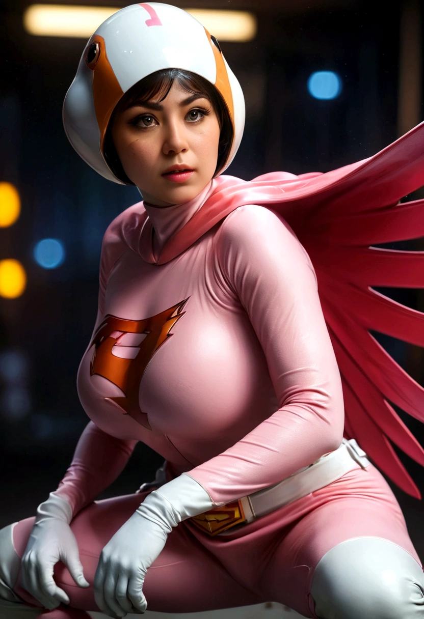 A girl in pink Gatchaman costume, long boots, long gloves, squatting, detailed face, H3JTS, giga_busty, best quality, 4k, 8k, highres, masterpiece:1.2, ultra-detailed, realistic, photorealistic, photo-realistic:1.37, HDR, UHD, studio lighting, ultra-fine painting, sharp focus, physically-based rendering, extreme detail description, professional, vivid colors, bokeh, concept art