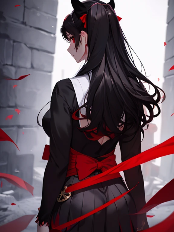 Tohsaka Rin、Back View, UHD, retina, masterpiece, ccurate, anatomically correct, textured skin, super detail, high details, high quality, best quality, highres, 4K
