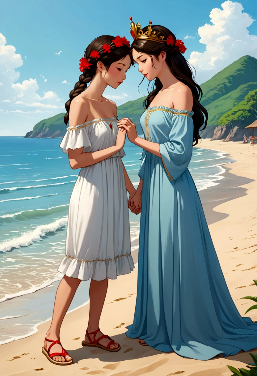 name "The Loyal Pin (Sarocha Chankimha & Rebeca Armstrong) in an elegant and dynamic 3D metallic gold font and create an idyllic anime illustration style image of two beautiful women in love on a beach, one is a beautiful British woman with semi-long hair light brown color and is dressed in a simple long light blue dress and is wearing simple light sandals and is delicately kissing the hand of the other beautiful woman with delicate Asian features, dark hair tied in a braid, carrying in her She wears a delicate crown of red flowers on her head and is dressed in a simple, loose, long, off-the-shoulder white dress with a small ruffle at the edge. She is wearing low sandals and is looking at the other woman with adoration and tenderness. The atmosphere exudes intimacy and a lot of love. between them.
At the bottom of the image it reads "@SusyFandi"