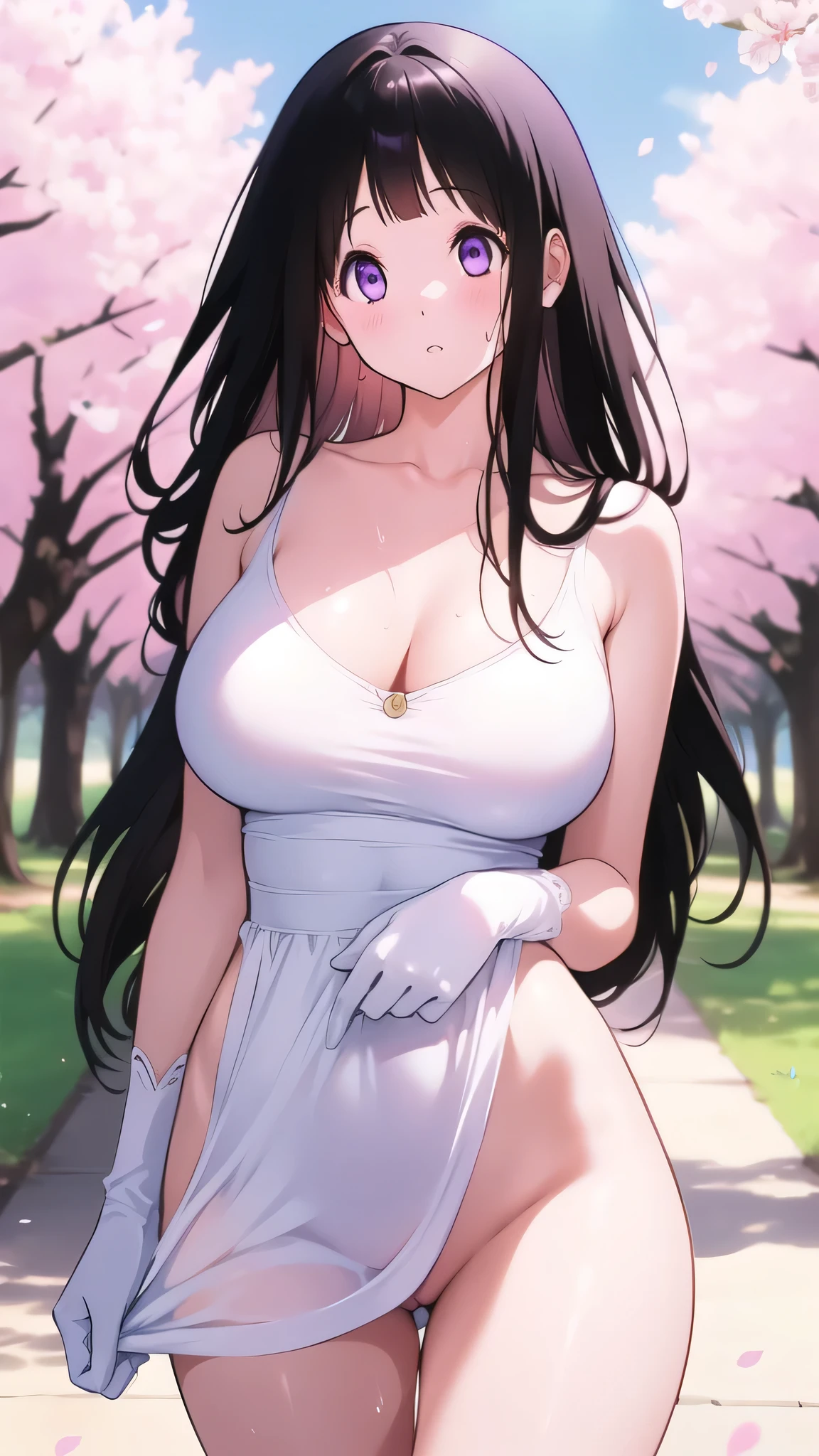 Amazing Chitanda, There is only one beautiful girl,Purple Eyes, Black Hair, Very red face,Very white skin,Glowing skin,Skin as delicate as porcelain,Naturally straight hair, Straight bangs,Extremely refined,Open lips,Long flowing hair,Beautiful Girl, Like a dream,Slim,Slim waist,Soft, (Sensual), (Kawaii), Dream quality,Beautiful big breasts,Show your armpits,Areola,Completely naked,White gloves,Flower decoration,Deep V neckline,Loose neckline,Wide neckline,Walking in school,Place your hands on your inner thighs,Sweaty and sweaty,Next to the cherry blossom trees,Back to,Lean over,Hips,Side body,Gluteal groove,Completely naked buttocks,Bare back,Completely naked back,Light transmission,no pants,pussy juice,Bare shoulders,Bare neck,Exposed collarbone,Exposing breasts,Exposing breasts side,Show your waist,Show your buttocks,Show your thighs,Exposing the groin,No pants,extremely shy,Ultra-high resolution, (masterpiece:1.2, best quality), (Delicate and beautiful eyes: 1.2), (Beautiful and delicate face)