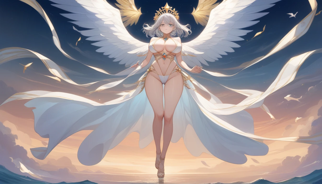 translucent, Good velvet quality, Compared, Divine Light,, Silver gray hair, Sky background, Absolute Strength,Female angels,Wings with the right proportions,Wear sexy bikinis的女孩, at the seaside, Colorful jewel-like eyes.,Large Breasts,Full breasts,Golden ratio figure,Perfect body,Ultra wide-angle shooting,Full body shot,Body close-up,Look at the audience,, Wear sexy bikinis, Model shooting style, Large Breasts,Full breasts,Golden ratio figure,Perfect body,(Extremely detailed CG 8k wallpaper unit), The most beautiful artistic photos in the world, , 8K Ultra HD, soft light, high quality, Film Grain, Fujifilm XT3 Clear focus, f 5.6, High Detail, Clear focus, Dramatic, (Wearing openwork clothing), (Looking at the audience:1.8), (Natural light), (Tempting)