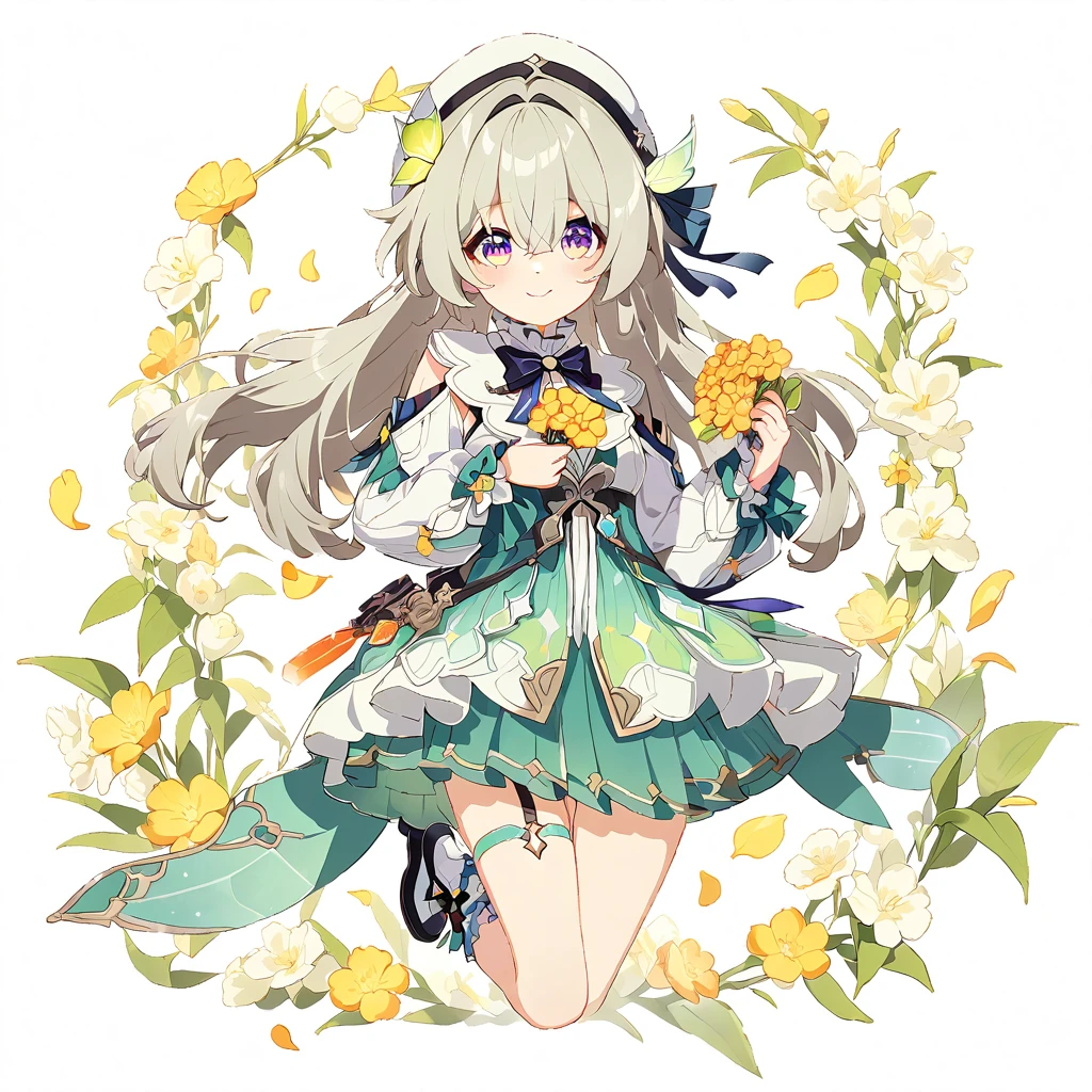 firefly \(honkai: star rail\),masterpiece, best quality, 1girl, solo, long_hair, looking_at_viewer, smile, bangs, skirt, shirt, long_sleeves, hat, dress, bow, holding, closed_mouth, flower, frills, hair_flower, petals, bouquet, holding_flower, center_frills, bonnet, holding_bouquet, tachi-e, full body, white background,