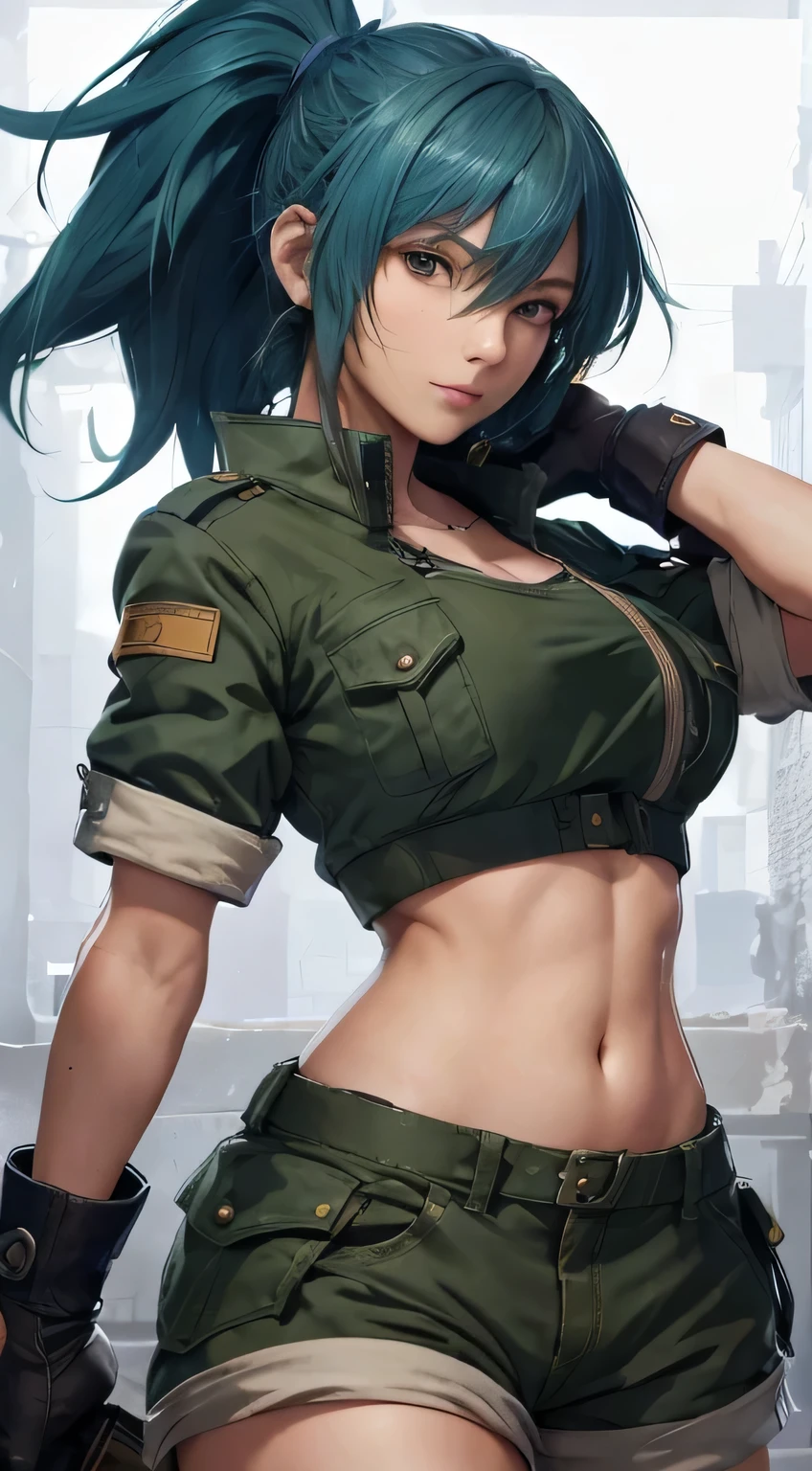 obra-prima,, melhor qualidade, highres, 1girl, leona heidern, cabelo azul, olhos azuis, rabo de cavalo, shorts verdes, midriff, crop top, luvas pretas, seios, uniforme militar, jaqueta verde, brincos, joias, umbigo, seios grandes, tiro de cowboy, realistic