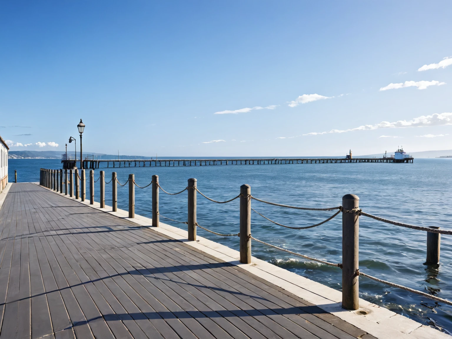 port, (masterpiece:1.2), (best quality:1.2), (very aesthetic:1.2), (absurdres:1.2), (detailed background), photograph, Quay, Pier, background, calm, Calm Day, noon, sunny, White cloud, Ripples, Ocean, asphalt, concrete