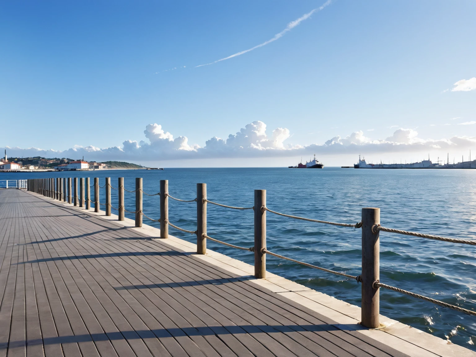 port, (masterpiece:1.2), (best quality:1.2), (very aesthetic:1.2), (absurdres:1.2), (detailed background), photograph, Quay, Pier, background, calm, Calm Day, noon, sunny, White cloud, Ripples, Ocean, asphalt, concrete