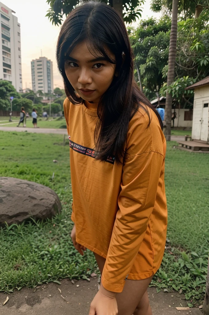 Dua orang teman yang lucu sedang bergurau, tertawa lepas dengan ekspresi wajah ceria, latar belakang di taman dengan cuaca cerah.