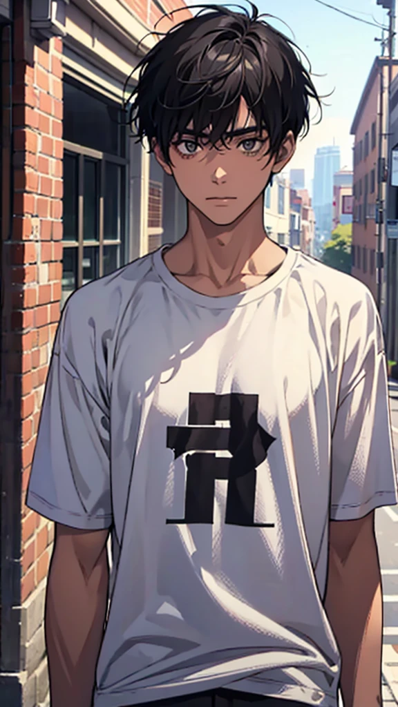 Male, college student, black hair, short hair, loose shirt, branded clothing, upper body, facing this way,