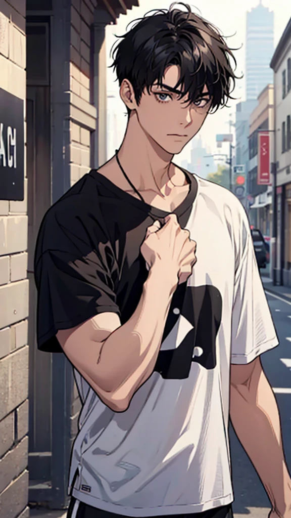 Male, college student, black hair, short hair, loose shirt, branded clothing, upper body, facing this way,