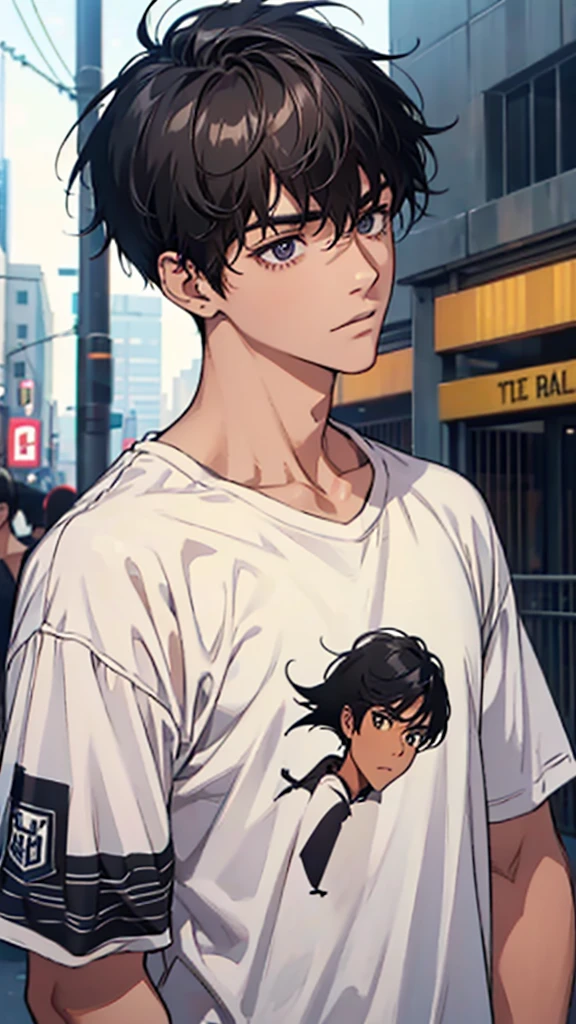 Male, college student, black hair, short hair, loose shirt, branded clothing, upper body, facing this way,