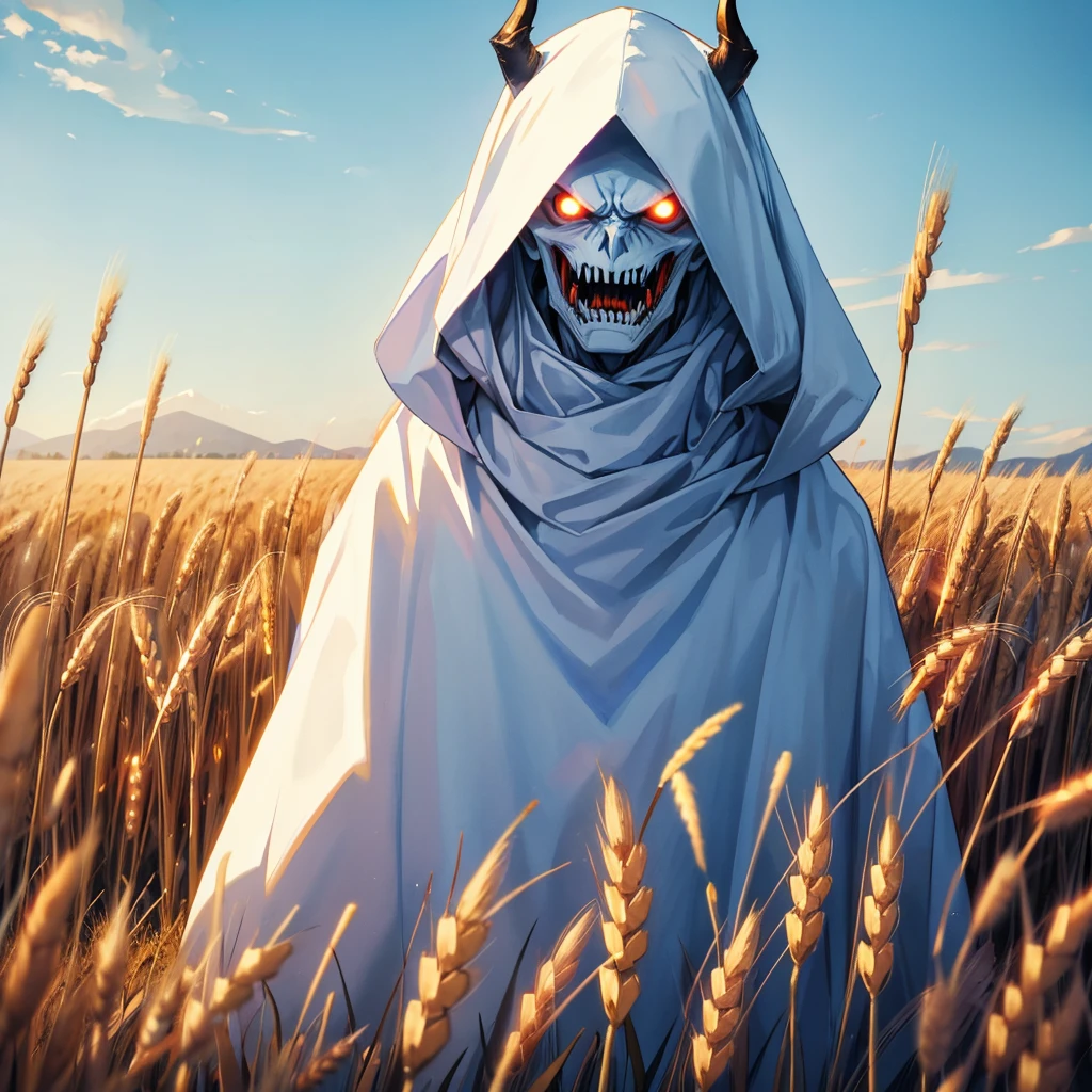 tall and light demon scary face white body, terrifying, at wheat field 