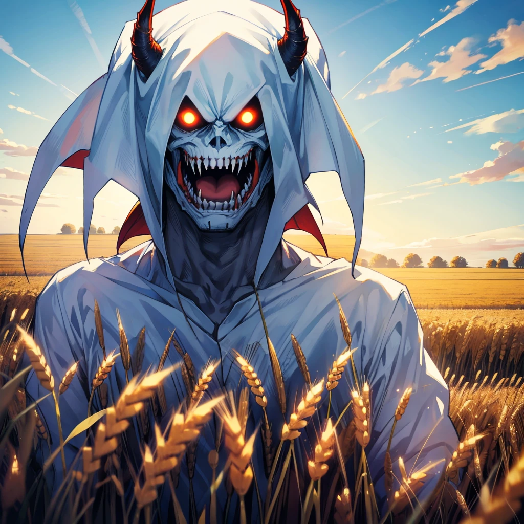 A demon, brown skin, white mask, on fire, red complexion, defined body, jeans, in a field, night, steam