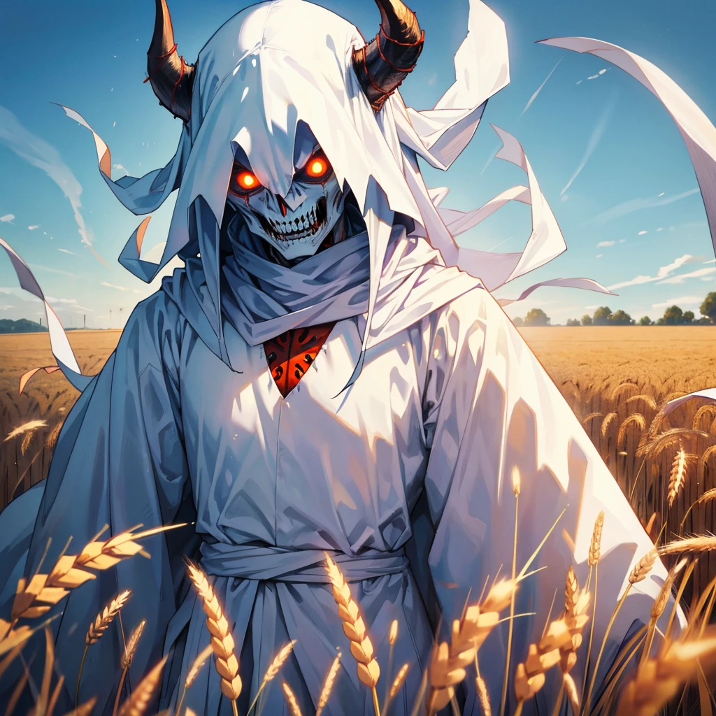 tall and light demon scary face white body, terrifying, at wheat field