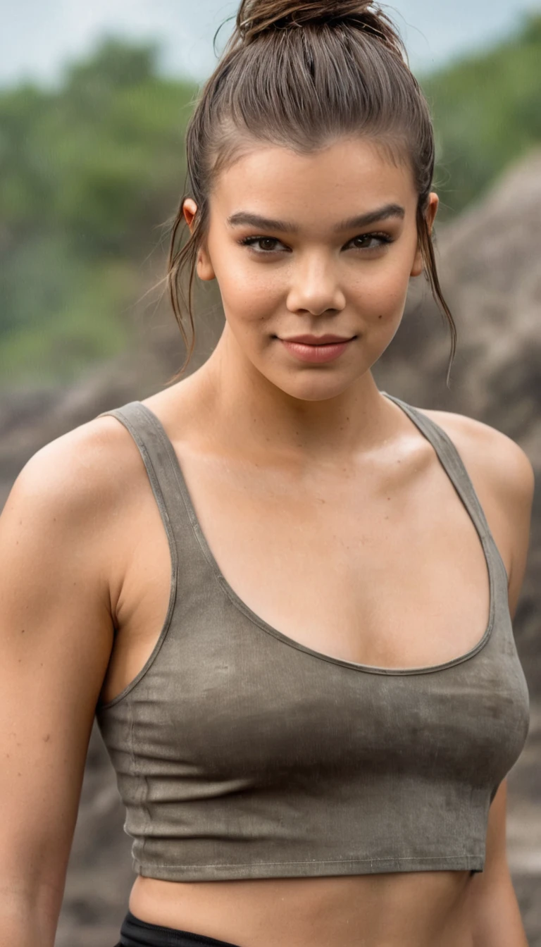  high quality  Erotic shot of Hailee Steinfeld as Lauren Cohan , (hail33 woman, long brown hair pulled back, hair bun, smiling, ) cute smile, movie  still , 40yo woman, extremely long straight hair :1.5, The Walking Dead Series , she is wearing a   sweaty tank top , standing , tanned skin , tight breast, erect nipples , cool wet apocalyptic area background , abs on belly, strong fit arms,  , celebrity, female,  woman, hollywood actress, random angle, erotic angles, random move, random action ,huge chest, deep cleavage ,seductive, tired woman, slight smile , fit muscular woman  ,  depth of field, insanely detailed skin texture, hyper detailed features 