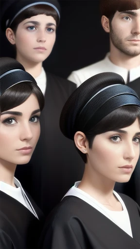 a group of Biblical Haredim mans and womans short hair gathered together, focus on the face.