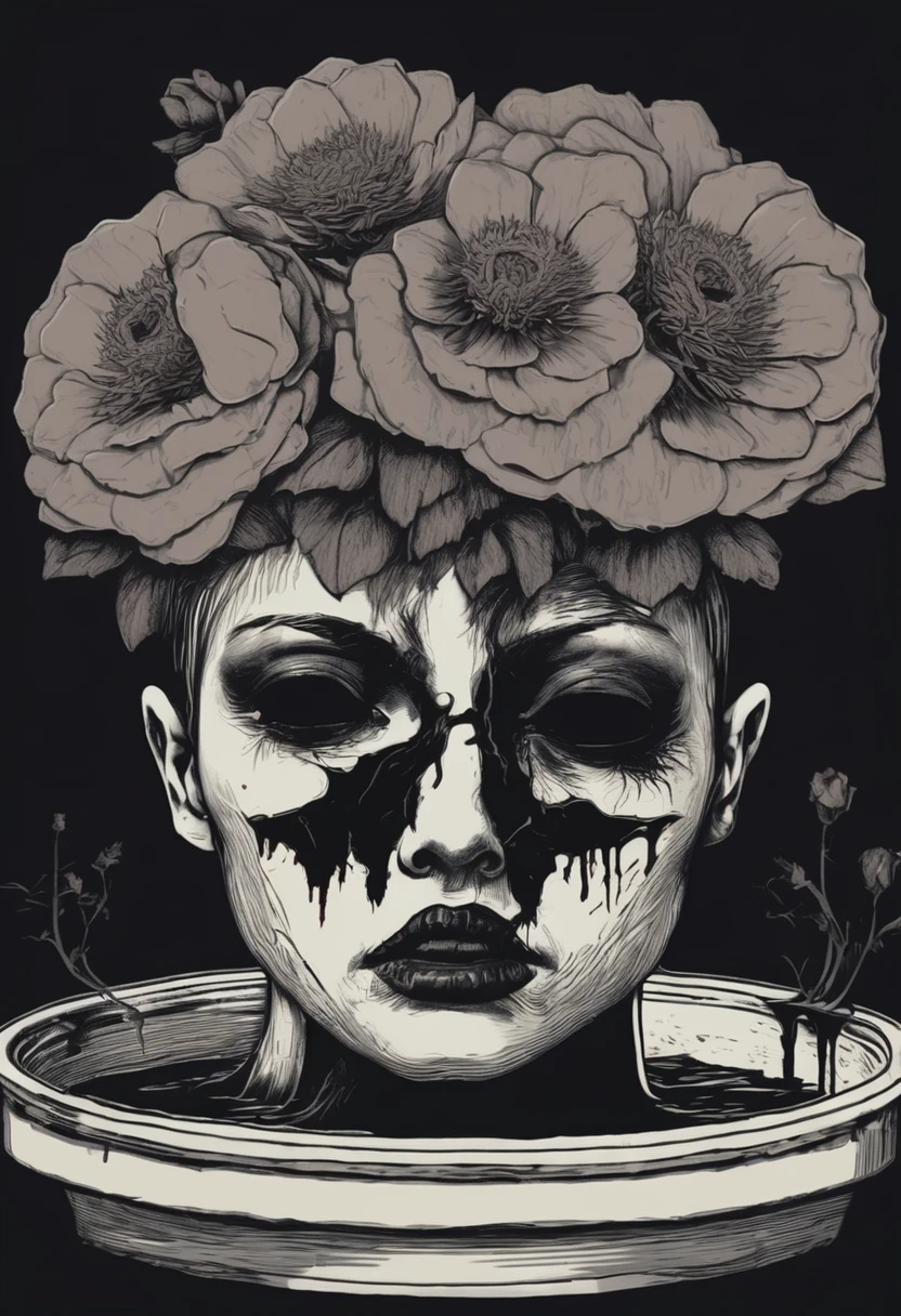 scary picture，Woman's head in a flower pot，No eyeballs，open open mouth，bleed，nigth