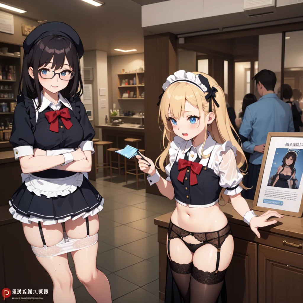 highest quality、Ultra-high resolution、Fantasy、roleplaying game、Sexy maids under  lined up、Inside the Western-style building、Lift up the hem of your skirt、Panty shot、Water-soaked underwear、garter belt、Only one person with glasses