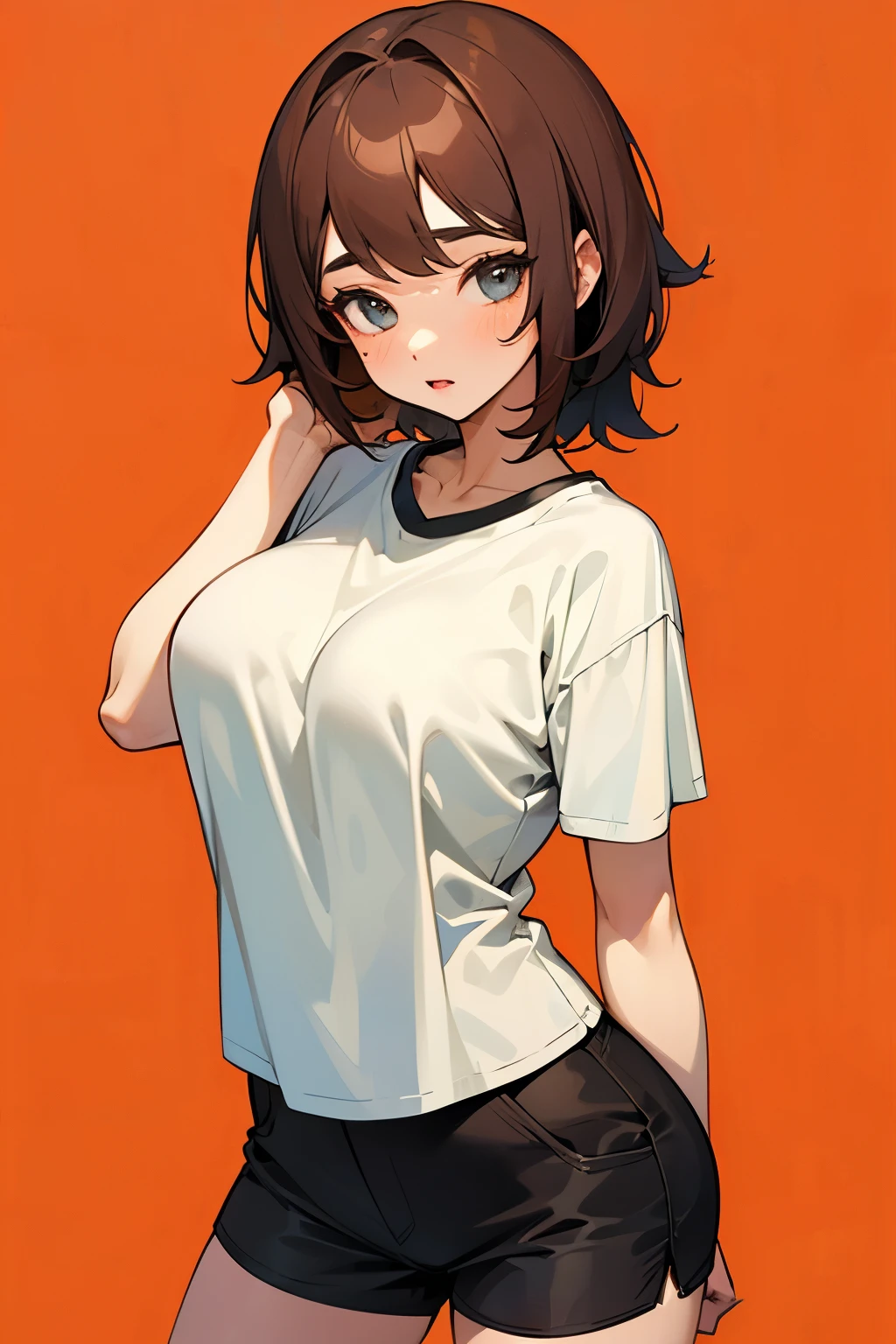 Girl, brown hair, loose gray short-sleeved T-shirt, black shorts, big breasts