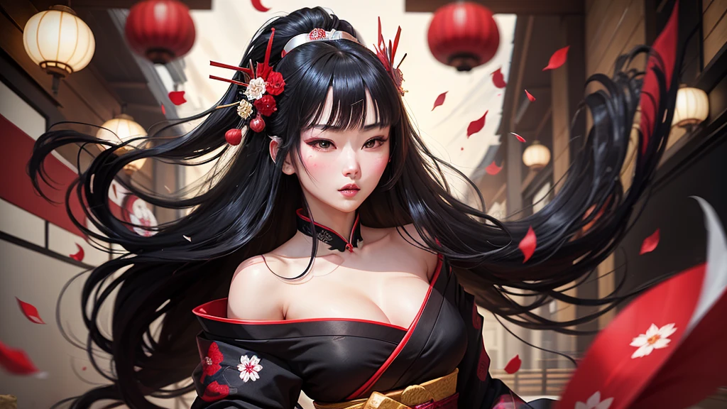 Sharaku,portrait of a woman,located in the center of the image, Some Japanese effects and decorations are sprinkled throughout the photo、night、Home、long black hair、princess cut、being blown by the wind、red petals are dancing，Japanese style bridal attire