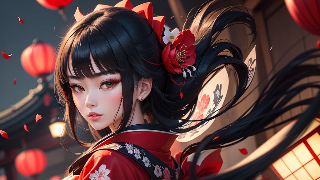 Sharaku,portrait of a woman,located in the center of the image, Some Japanese effects and decorations are sprinkled throughout the photo、night、Home、long black hair、princess cut、being blown by the wind、red petals are dancing，Japanese style bridal attire