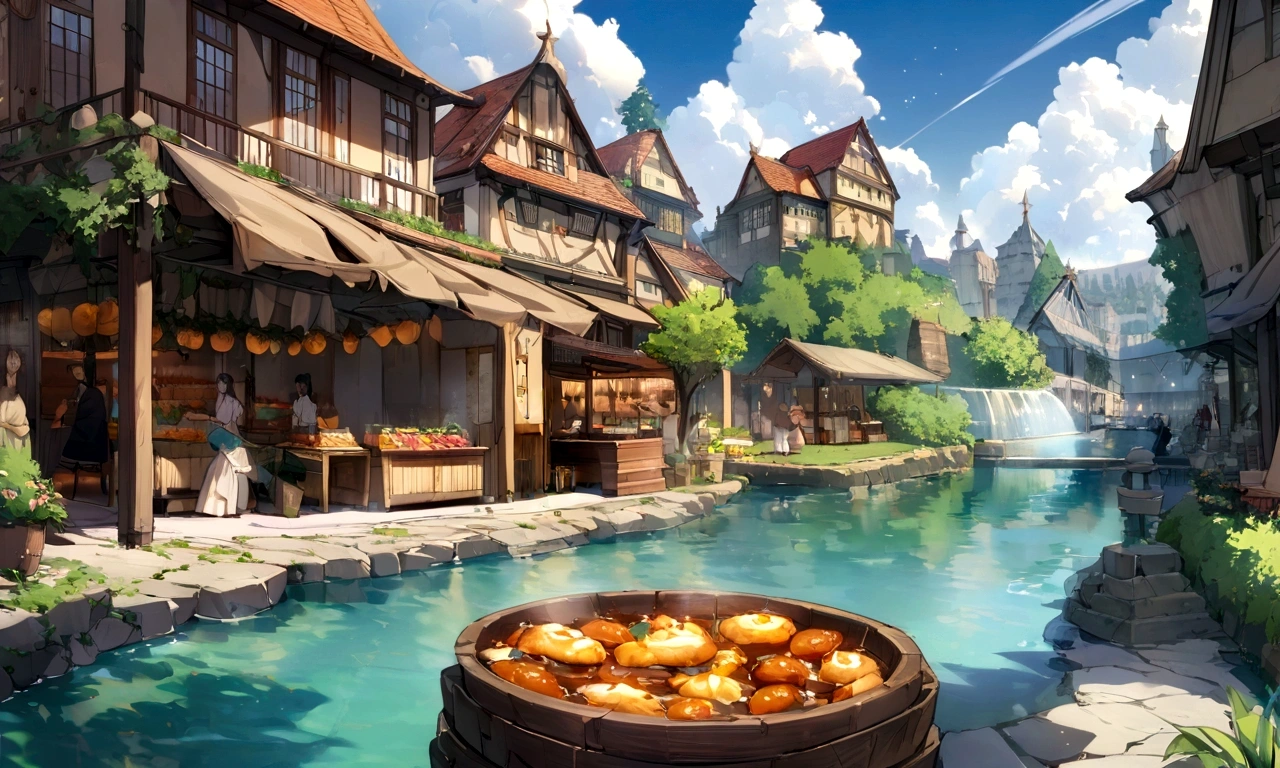 ((((masterpiece, Best Quality, High resolution)))), High detail, manga,anime,Illustrated style,Use of bright colors,Ghibli Studio「Howl's Moving Castle」The colors are like those used in daytime scenes., Medieval European fantasy worldview, Türkiye, Pamukkale, Hot Spring Square, A naturally occurring lake like a pool, sunlight, There is a beautiful fountain in the center、Sparkling water gushes out in the sunlight., Large space, Bustling food stalls,Lots of food stalls,There is no one,Ghibli Studioの魔女の宅急便のような雰囲気, RPG-like scenery, Colorful stalls selling delicious looking foods, The sky is bright blue、Fluffy white clouds floating, And the sun is shining brightly, Create a magical and cozy atmosphere, Bright daytime atmosphere.