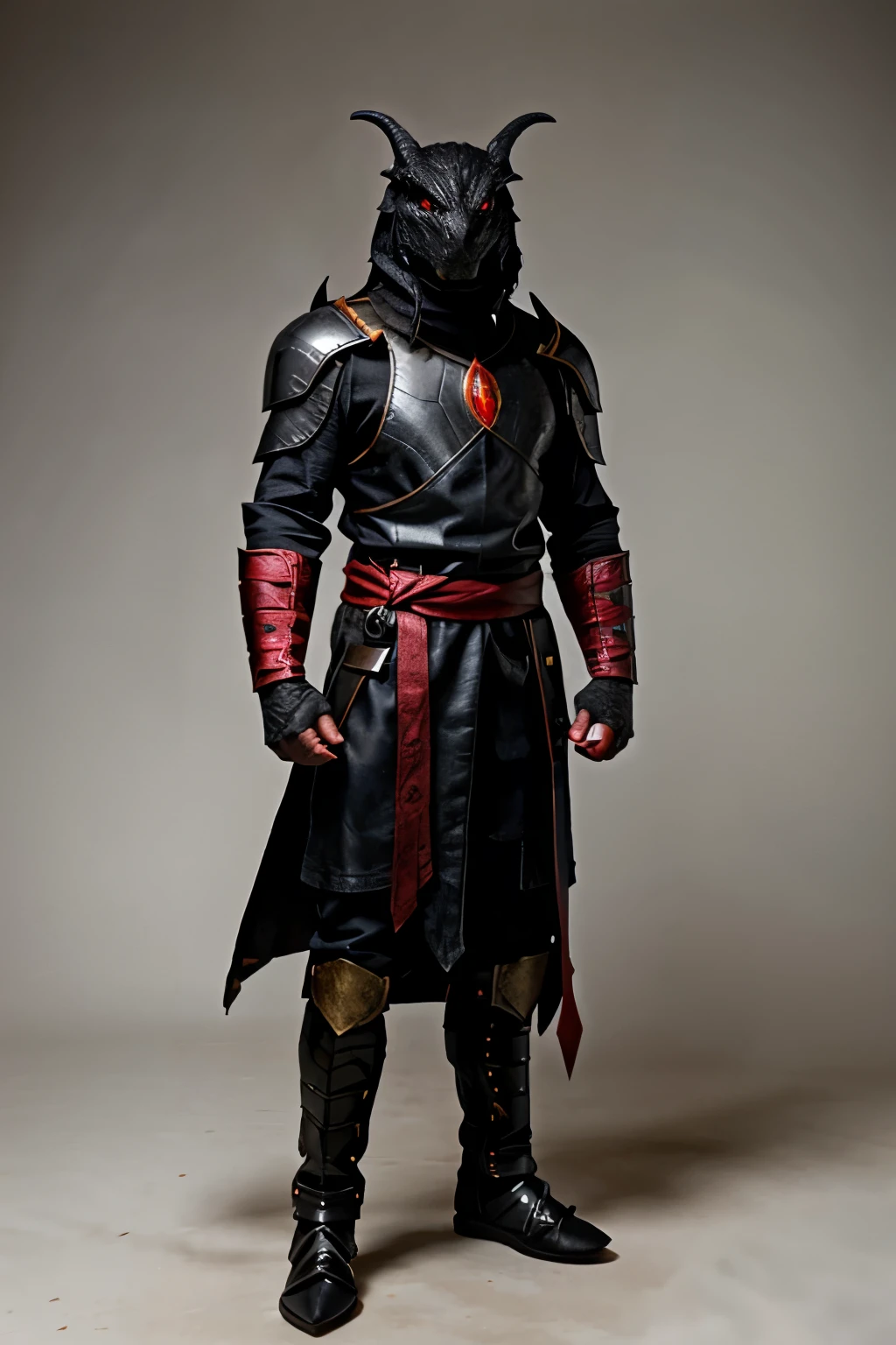 A male black Dragonborn with red eyes, wearing medium black armor and longsword