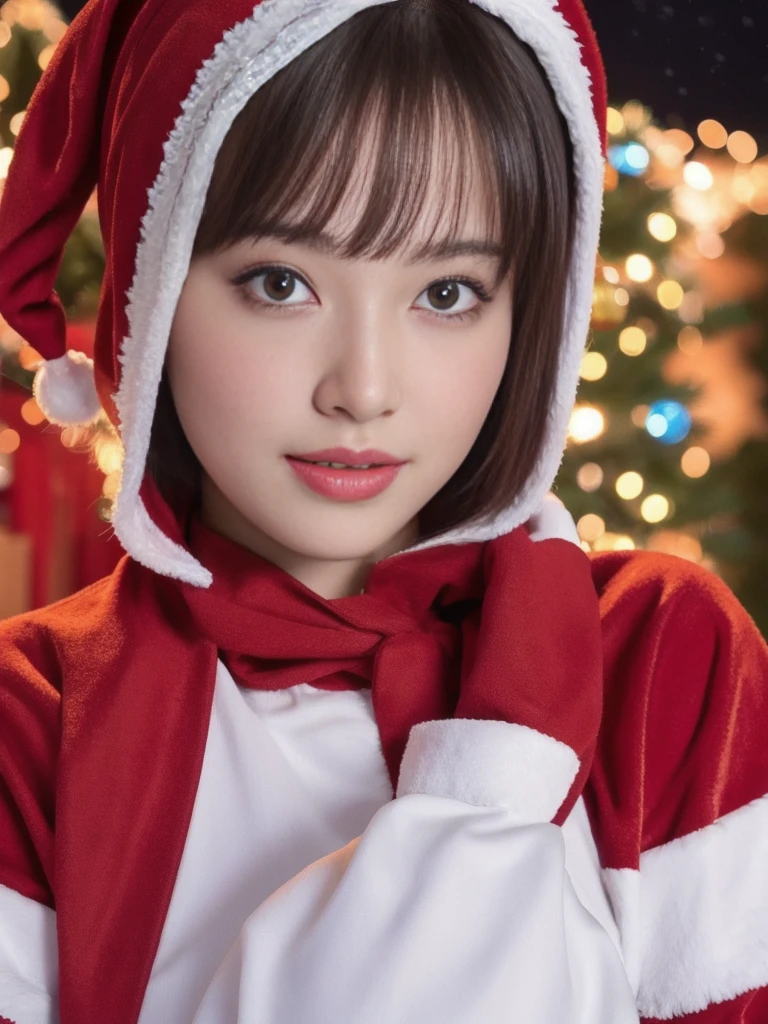 1girl, (santa claus costume:1.5), symmetry, beautiful cute young girl, slender figure, (ultra short hair:1.5), ultra big smile, (Beautiful large round droped detailed eyes:1.0), beautiful detailed lips, extremely detailed face, natural makeup, Incredibly beautiful skin, (best quality,4k,8k,highres,masterpiece:1.75),(ultra-detailed,realistic,photorealistic,photo-realistic:2.0),professional,vivid colors,studio lighting,snowing night town,christmas eve