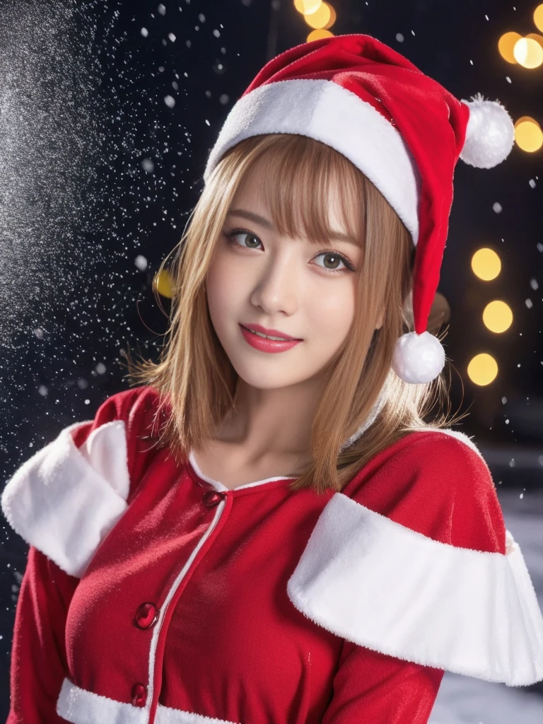 1girl, (santa claus costume:1.5), symmetry, beautiful cute young girl, slender figure, (ultra short hair:1.5), ultra big smile, (Beautiful large round droped detailed eyes:1.0), beautiful detailed lips, extremely detailed face, natural makeup, Incredibly beautiful skin, (best quality,4k,8k,highres,masterpiece:1.75),(ultra-detailed,realistic,photorealistic,photo-realistic:2.0),professional,vivid colors,studio lighting,snowing night town,christmas eve