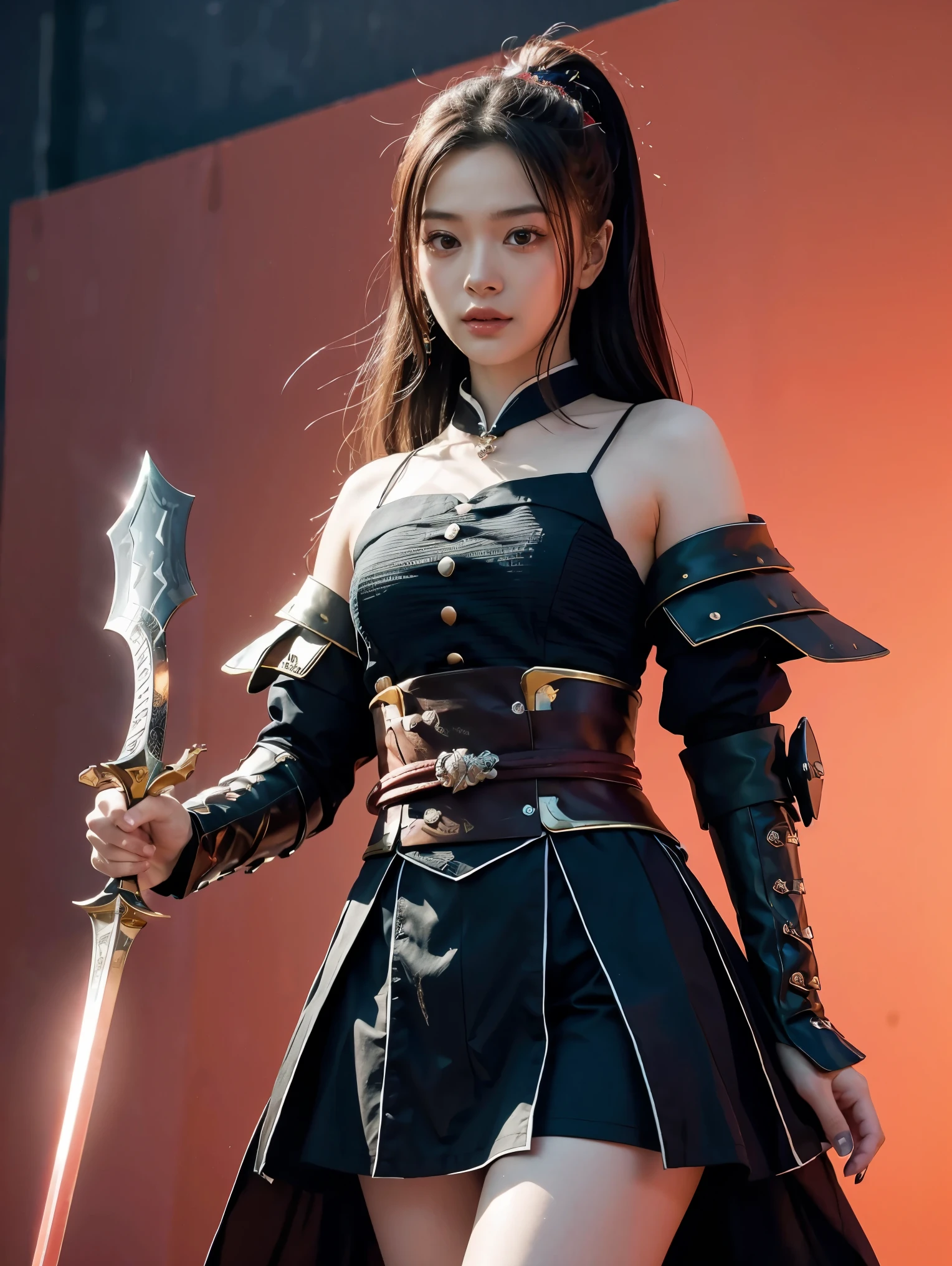 girl with sword and armor standing in front of a red background, onmyoji detailed art, ayaka genshin impact, onmyoji, ayaka game genshin impact, keqing from genshin impact, irelia, zhongli from genshin impact, extremely detailed artgerm, onmyoji portrait, black - haired mage, blue electro eyes