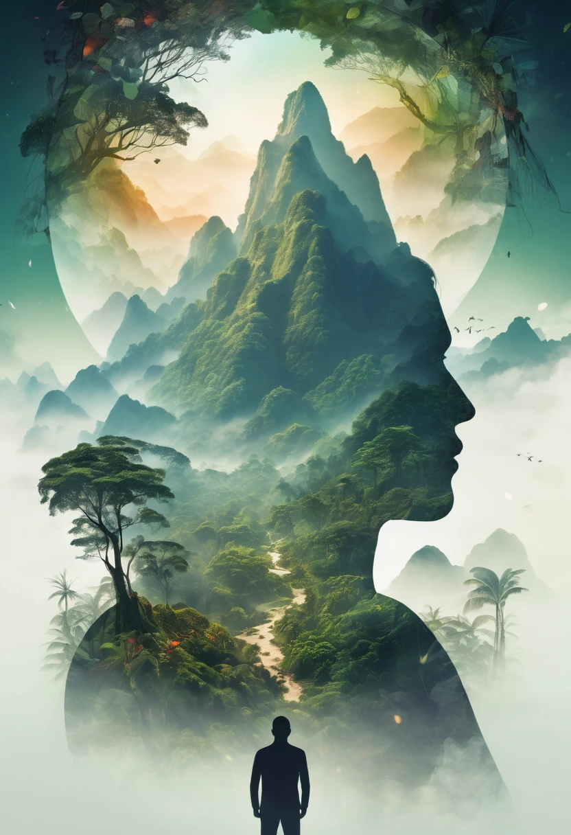 Dubrec style,Transparent figure back,Jungle mountain image foreground,(Multiple Exposure:1.8),Intricate illustration in surreal art style,surreal dreamscape