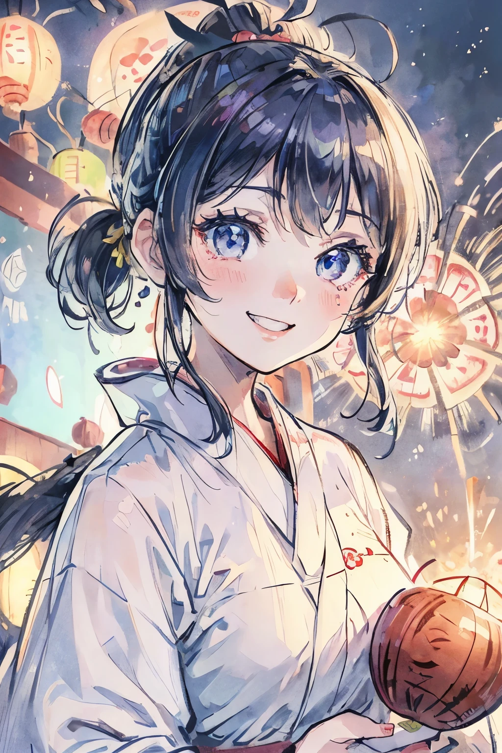 highest quality、In detail、「(((Beautiful single girl)))」、Highly detailed eyes and face、Cute Smile、Smiling with white teeth、(((yukata)))、Soaring、(Watch the fireworks)、ponytail、Large tear bags、double eyelid、Light blue yukata