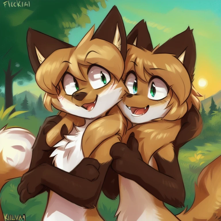 uploaded the e621, beautiful and detailed, woman (((female))) ((anthro)) Fox, (Averi, Fox girl), cinematic lighting, Fox, (anthro, fluffy fur), anthro fox girl, body fur, curvy, sexy, nice, cute, hot, comfortable anime-style cartoon-style, digital drawing, SFW, flat chest, nervous smiling, sassy, sassy hips, smug, fangs, simple background, speech bubble, green eyes, side view, looking at viewer, 2 girls, on knees