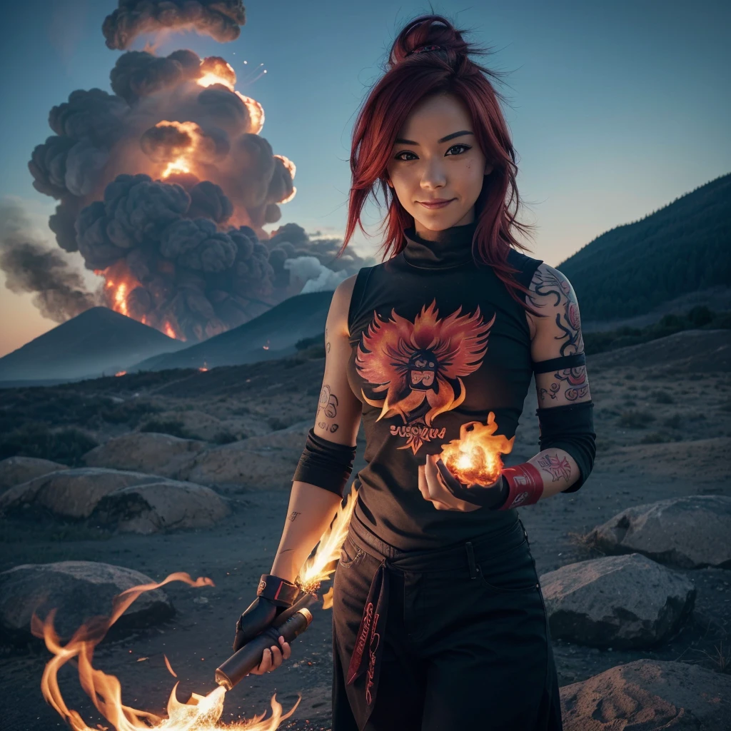 1girl, 18~25 years old, medium breasted, Kazue, ((flametattoo)), ((kamin_tattoo)), ((glowing_eyes)), ((beautiful_smile)), ((flying_hair)), ((red_hair)), ((pyro_fusion gauntlets)), ((smoke_cloud)), ((explosive_blast)), ((Fire_emmited)), (outdoor_settings), (day), ((beautiful_landscape)), (Kazue_flying), (1/2 pose)