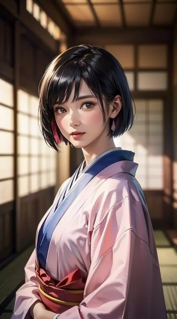 (Realistic)、(Realistic:1.2)、(High resolution)、Very detailed、Very beautiful face and eyes、1 girl、Delicate body、(highest quality、Attention to detail、Rich skin detail)、(highest quality、8k、Oil paint:1.2)、Very detailed、(Realistic、Realistic:1.37)、Bright colors、Full Body Shot,black_hair, Beautiful 8k eyes,Looking_in_Audience,One person in,Are standing,((Very beautiful woman, Fuller lips, Japanese pintern kimono))、((Colorful Japanese kimono)))、(((blackhair)))、(((Blunt bung,short hair)))、((( Inside an old Japanese house with a (short focus :1.4),)))、(masterpiece, highest quality, highest quality, Official Art, beautifully、aesthetic:1.2),(Fractal Art:1.3),Sengoku period、Greg Rutkowski Written by Alphonse Mucha Ropp,short ,uchikake,nishijin ori,(realistic light and shadow), (real and delicate background),(muted colors, dim colors, soothing tones:1.3), low saturation, (hyperdetailed:1.2), (noir:0.4),drow,blurry_light_background, (vibrant color:1.2), cinematic lighting, ambient lighting,Single Shot,Shallow Focus,pink lip,blurry light background,