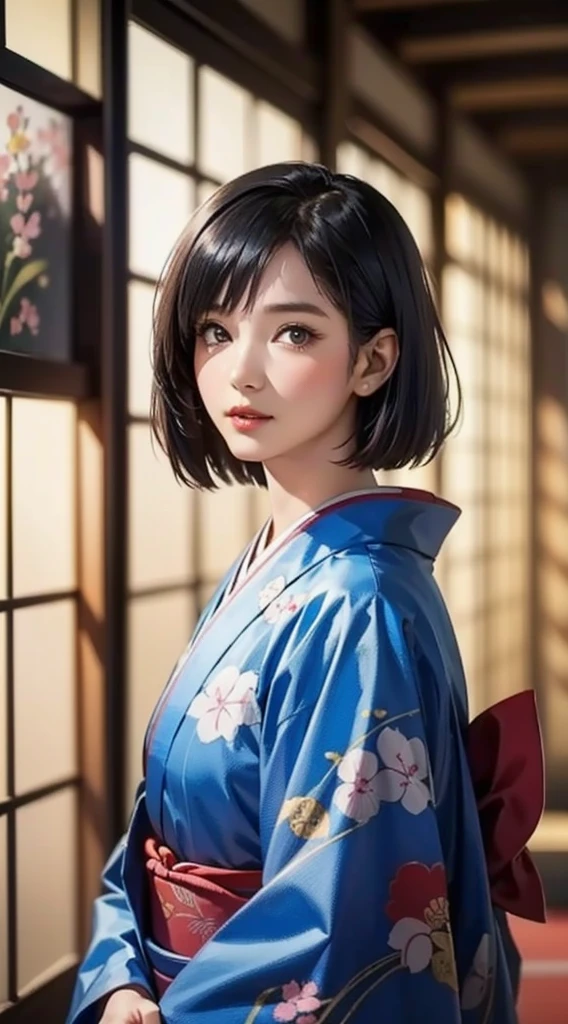 (Realistic)、(Realistic:1.2)、(High resolution)、Very detailed、Very beautiful face and eyes、1 girl、Delicate body、(highest quality、Attention to detail、Rich skin detail)、(highest quality、8k、Oil paint:1.2)、Very detailed、(Realistic、Realistic:1.37)、Bright colors、Full Body Shot,black_hair, Beautiful 8k eyes,Looking_in_Audience,One person in,Are standing,((Very beautiful woman, Fuller lips, Japanese pintern kimono))、((Colorful Japanese kimono)))、(((blackhair)))、(((Blunt bung,short hair)))、((( Inside an old Japanese house with a (short focus :1.4),)))、(masterpiece, highest quality, highest quality, Official Art, beautifully、aesthetic:1.2),(Fractal Art:1.3),Sengoku period、Greg Rutkowski Written by Alphonse Mucha Ropp,short ,uchikake,nishijin ori,(realistic light and shadow), (real and delicate background),(muted colors, dim colors, soothing tones:1.3), low saturation, (hyperdetailed:1.2), (noir:0.4),drow,blurry_light_background, (vibrant color:1.2), cinematic lighting, ambient lighting,Single Shot,Shallow Focus,pink lip,blurry light background,