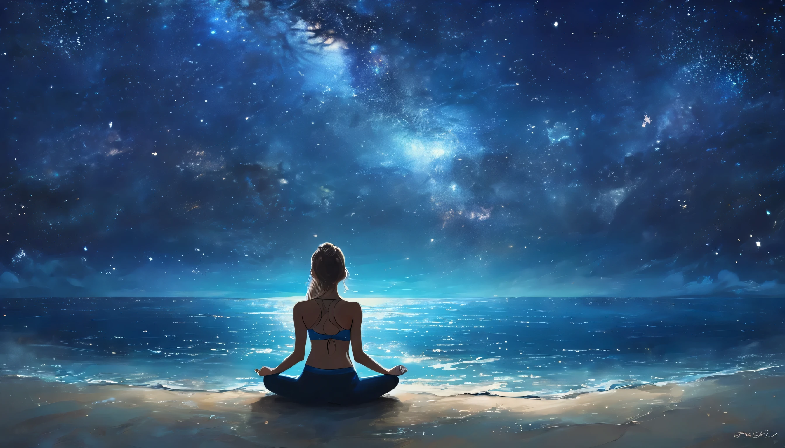Full body photo of a girl in lotus position，Anatomically correct，Sitting on the blue shore，Back view，The background is stars and the sea，night，Dark Blue Galaxy Style，Starlight，Female Star Spirit, conversion, Depth of written boundary, Dreamy atmosphere, Chaos in its most beautiful form, Grace