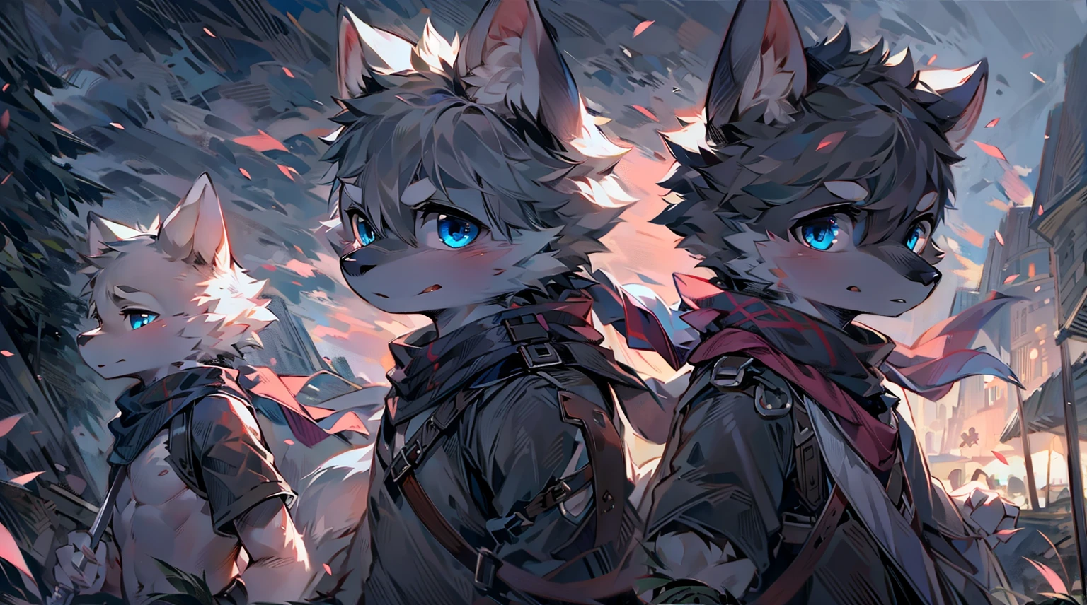 Wolf,juvenile,male,Gray-black fur,Sky blue eyes,Black combat uniform,scarf,Holding a long sword,scabbard,Draw the Sword,Everlasting,only,dawn,illumination,rest,Break