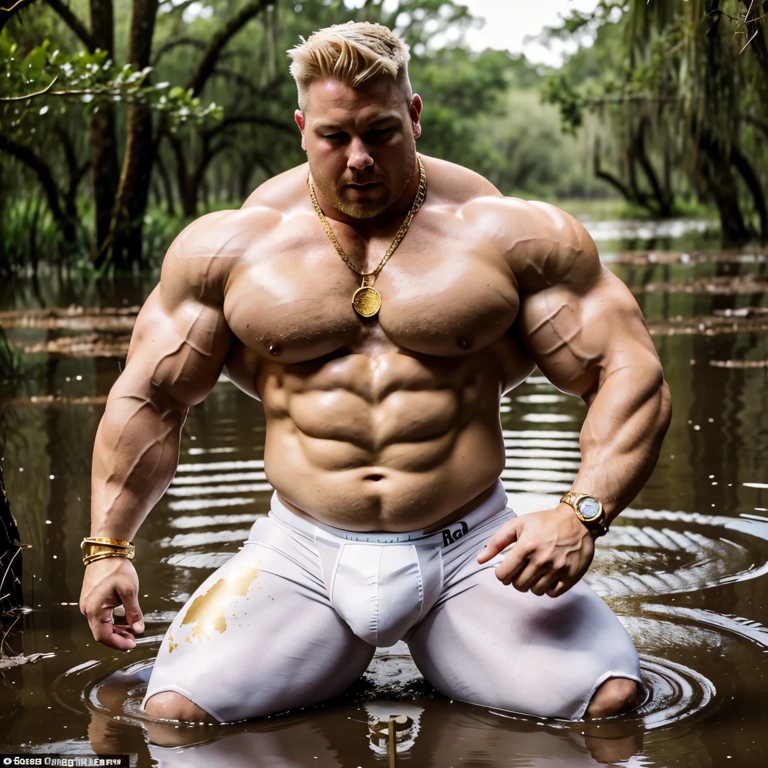 ull view, full body, a big white blond bodybuilder looking like a fat piggy pork with a gold ring on his snout, overly bodybuilt and over-bloated with over-inflated muscles, blond with undercut cut, full of fat and enlarged muscles, gold rings, bracelets and necklaces, white lycra and white socks, crawls through the mud in swamps, looking terrified, unable to get up, we see his white socks