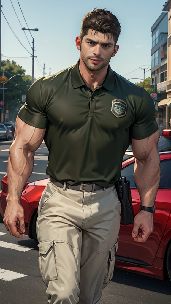 (Create a masterpiece: 1.2),(CGI art:1.3),(realistic:1.5),(After processing:1.3),(Sharp focus:1.3),1 man ,sunglass, straight, front ,Chris Redfield ,(black hair), smile open mouth, (Wear color olive green polo with a Police badge: 1.2), olive green cargo, Korean guy , korean men, (High gloss details), chest muscles, large arm muscles, blood vessel, Big muscles, Broad shoulders, looking at the audience, Balancing the eyes, middle of the road ,walk to camera