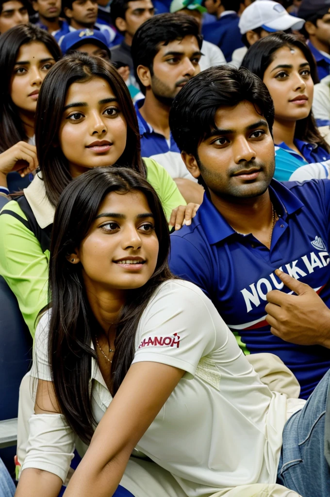 A cricket couple watching a match in the crowd with the names Mujahid and Muskan on their back
