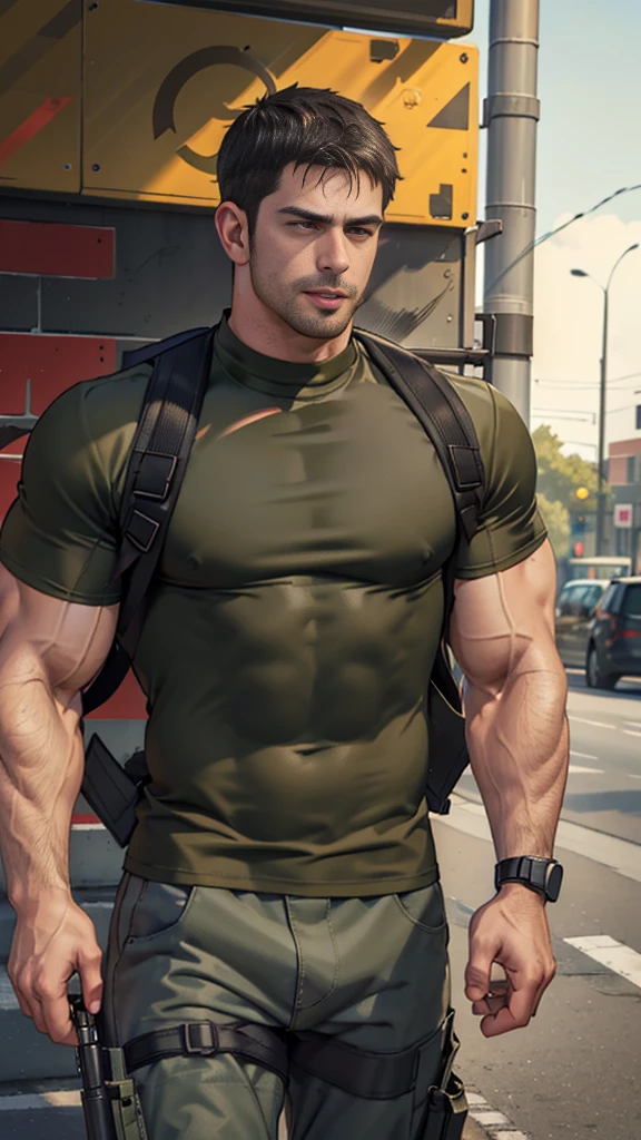 (Create a masterpiece: 1.2),(CGI art:1.3),(realistic:1.5),(After processing:1.3),(Sharp focus:1.3), man holding a gun , (gun:1.5) , straight, front ,Chris Redfield ,(black hair), smile open mouth, (Wear color olive green round neck T-shirt: 1.5), (with a Police badge: 1.2), olive green cargo, Korean guy , korean men, (High gloss details), chest muscles, large arm muscles, blood vessel, Big muscles, Broad shoulders, looking at the audience, Balancing the eyes, middle of the road , (Carrying a black backpack: 1.3) ,walk to camera