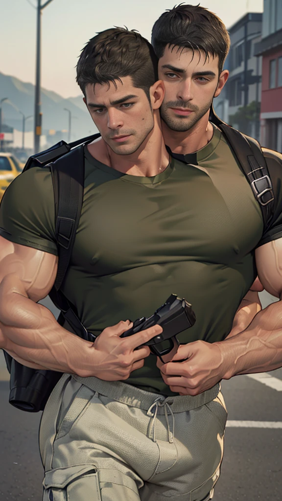 (Create a masterpiece: 1.2),(CGI art:1.3),(realistic:1.5),(After processing:1.3),(Sharp focus:1.3), man holding a gun , (gun:1.5) , straight, front ,Chris Redfield ,(black hair), smile open mouth, (Wear color olive green round neck T-shirt: 1.5), (with a Police badge: 1.2), olive green cargo, Korean guy , korean men, (High gloss details), chest muscles, large arm muscles, blood vessel, Big muscles, Broad shoulders, looking at the audience, Balancing the eyes, middle of the road , (Carrying a black backpack: 1.3) ,walk to camera