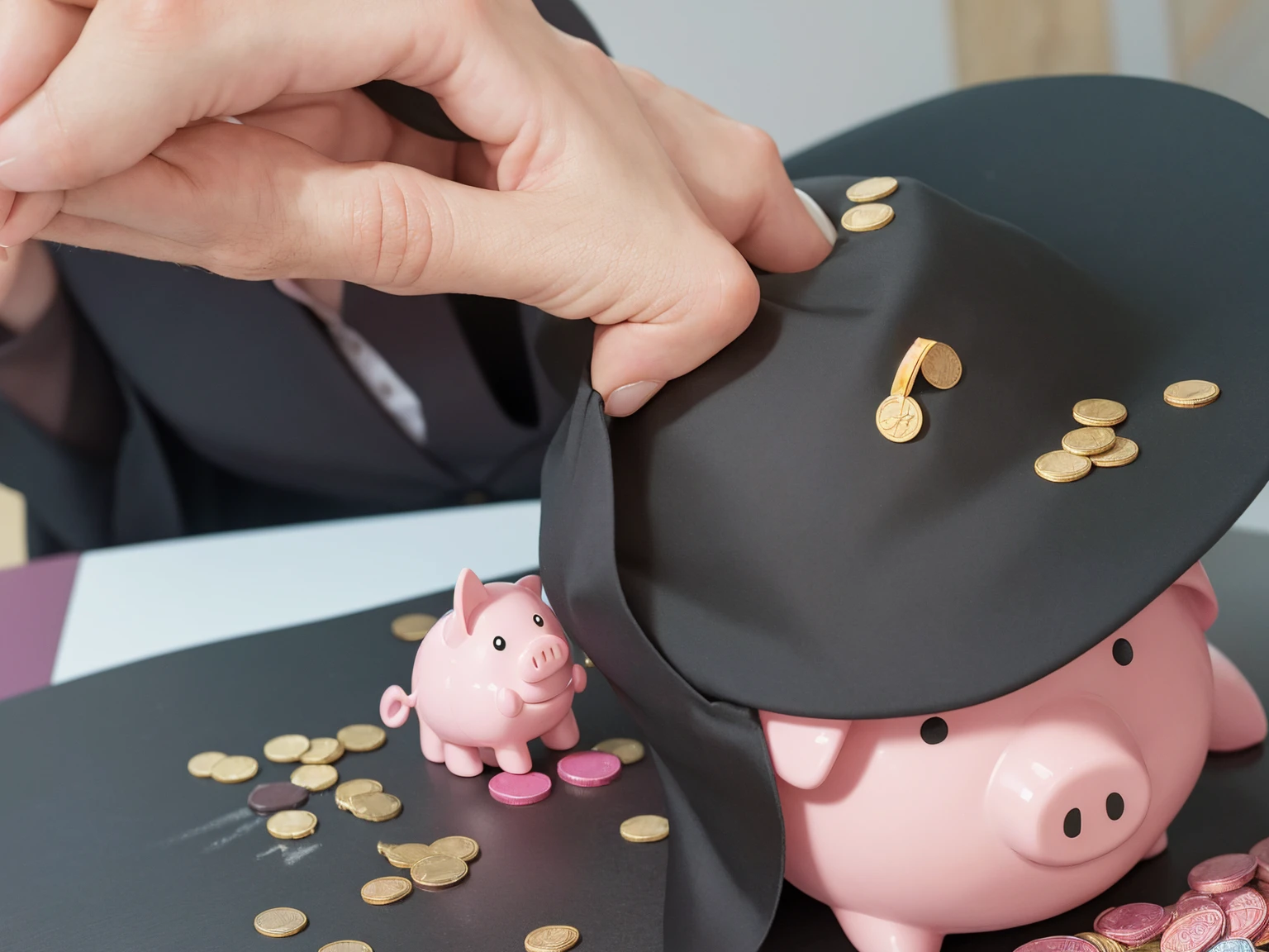 One pink piggy bank with a black graduation hat with coins stack as educational loan symbol