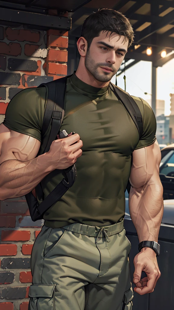 (Create a masterpiece: 1.2),(CGI art:1.3),(realistic:1.5),(After processing:1.3),(Sharp focus:1.3), man holding a gun , (gun:1.5) , straight, front ,Chris Redfield ,(black hair), smile open mouth, (Wear color olive green round neck T-shirt: 1.5), (with a Police badge: 1.2), olive green cargo, Korean guy , korean men, (High gloss details), chest muscles, large arm muscles, blood vessel, Big muscles, Broad shoulders, looking at the audience, Balancing the eyes, middle of the road , (Carrying a black backpack: 1.3) ,walk to camera