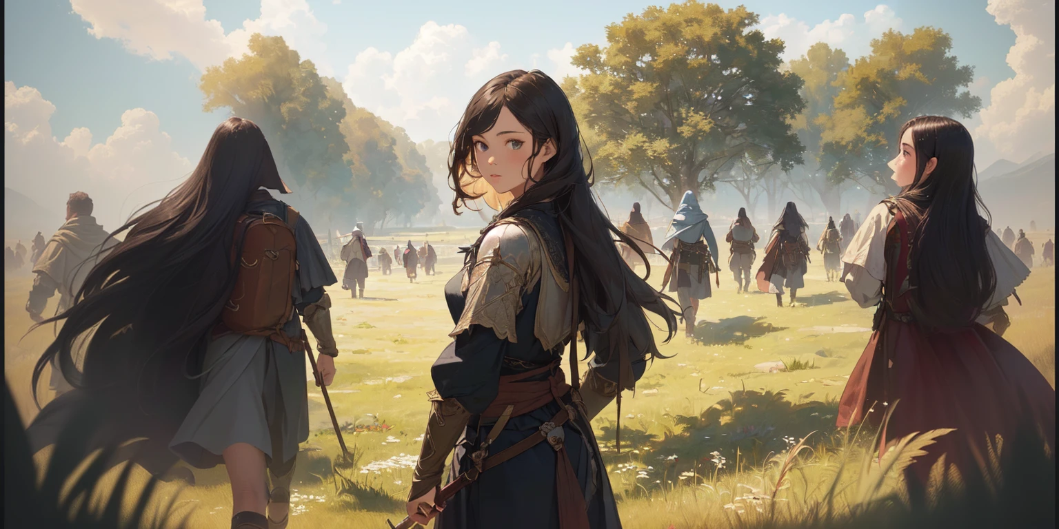 (((Top quality, 4k, 8k, high resolution, masterpiece: 1.2))), (super detailed), (realistic), (photorealistic), (photorealistic: 1.37), (HDR, UHD), (studio (lighting)), ultra-fine drawing, sharp focus, physically based rendering, highly detailed, professional, vibrant colors, medieval European clothing, adventurer's clothing, Vast grassland, magnificent plain, wind, grass swaying in the wind, (((girl, upper body of girl, girl looking back))), (((several people))), (((several adventurers walking))), (((all from behind))), (((person is very small))),