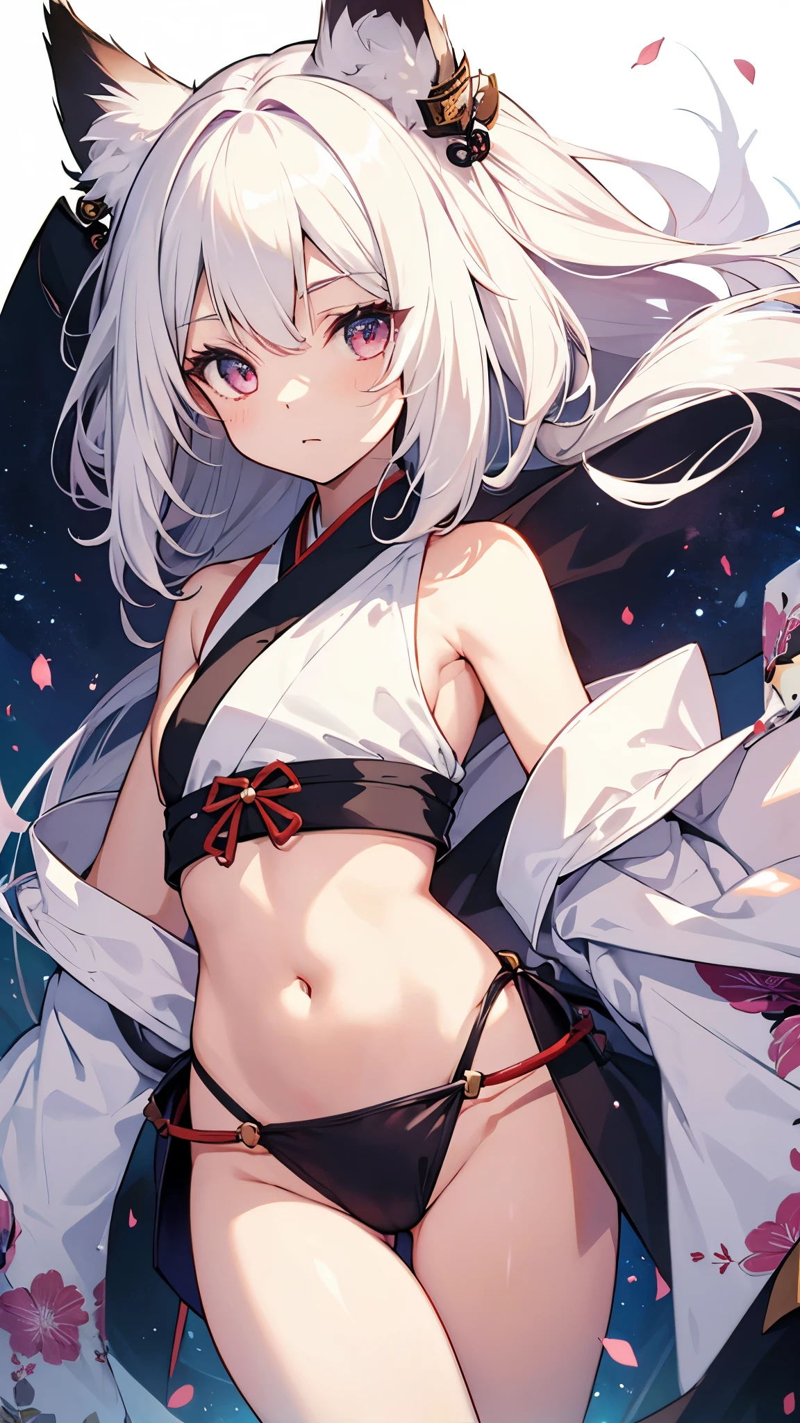 1girl,chibi,flat chest,white hair,long hair,fox ears,kimono,crop top,sleeveless,loincloth,bottomless,