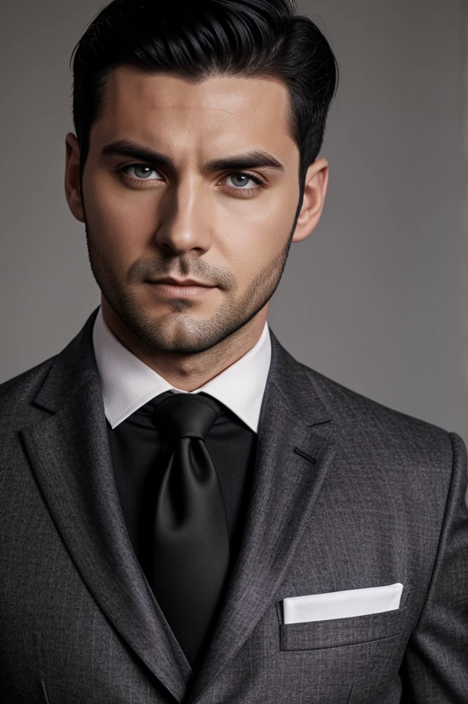 adult man, short black hair, pushed-back hairstyle, purple eyes, black suit jacket, grey vest, white polo, black neck tie, half body image