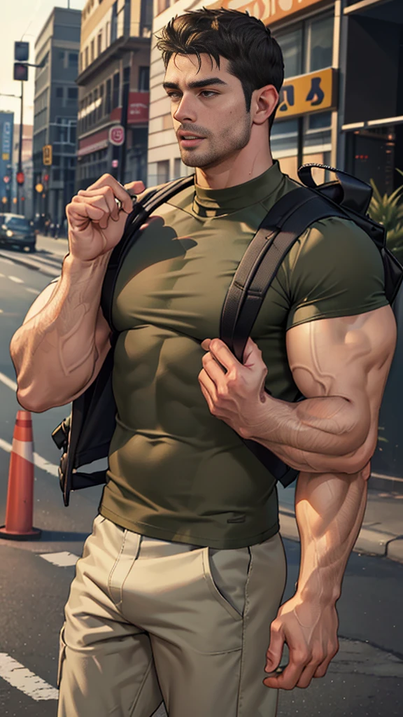 (Create a masterpiece: 1.2),(CGI art:1.3),(realistic:1.5),(After processing:1.3),(Sharp focus:1.3), Chris Redfield kneels, Shocked, open mouth wide, Arms beside the body, straight, front ,,(black hair), smile open mouth, (Wear color olive green round neck T-shirt: 1.5), (with a Police badge: 1.2), olive green cargo, Korean guy , korean men, (High gloss details), chest muscles, large arm muscles, blood vessel, Big muscles, Broad shoulders, looking at the audience, Balancing the eyes, middle of the road , (Carrying a black backpack: 1.3) ,walk to camera