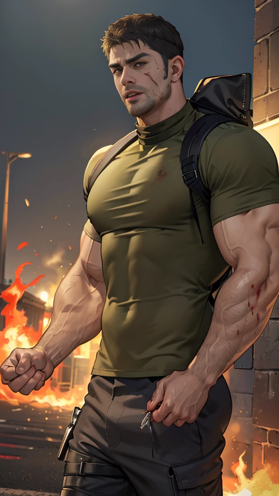 (Create a masterpiece: 1.2),(CGI art:1.3),(realistic:1.5),(After processing:1.3),(Sharp focus:1.3), (Chris Redfield), Shocked, open mouth wide, Arms beside the body, straight, front ,,(black hair), smile open mouth, (Wear color olive green round neck T-shirt: 1.5), (with a Police badge: 1.2), olive green cargo, black glove, (blood splatters) ,( abrasions on face: 1.2), (Blood stains on the face and body: 1.2), Korean guy , korean men, (High gloss details), chest muscles, large arm muscles, blood vessel, Big muscles, Broad shoulders, looking at the audience, Balancing the eyes, middle of the road , (Carrying a black backpack: 1.3) ,walk to camera ,(Fire blazes behind)